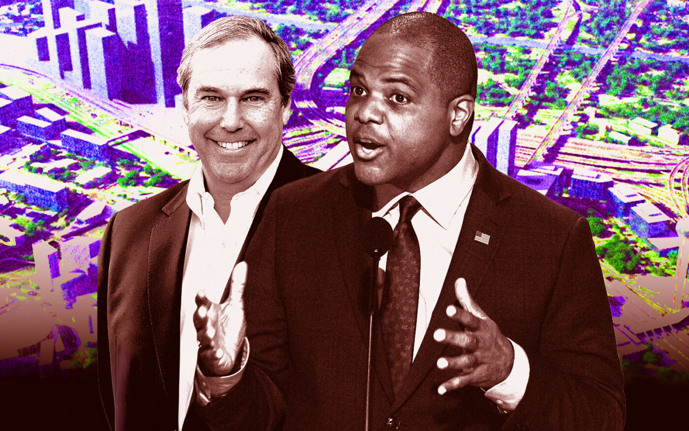 <p>Ray Washburne and Dallas Mayor Eric Johnson with a rendering of 508 Young Street (Getty)</p>
